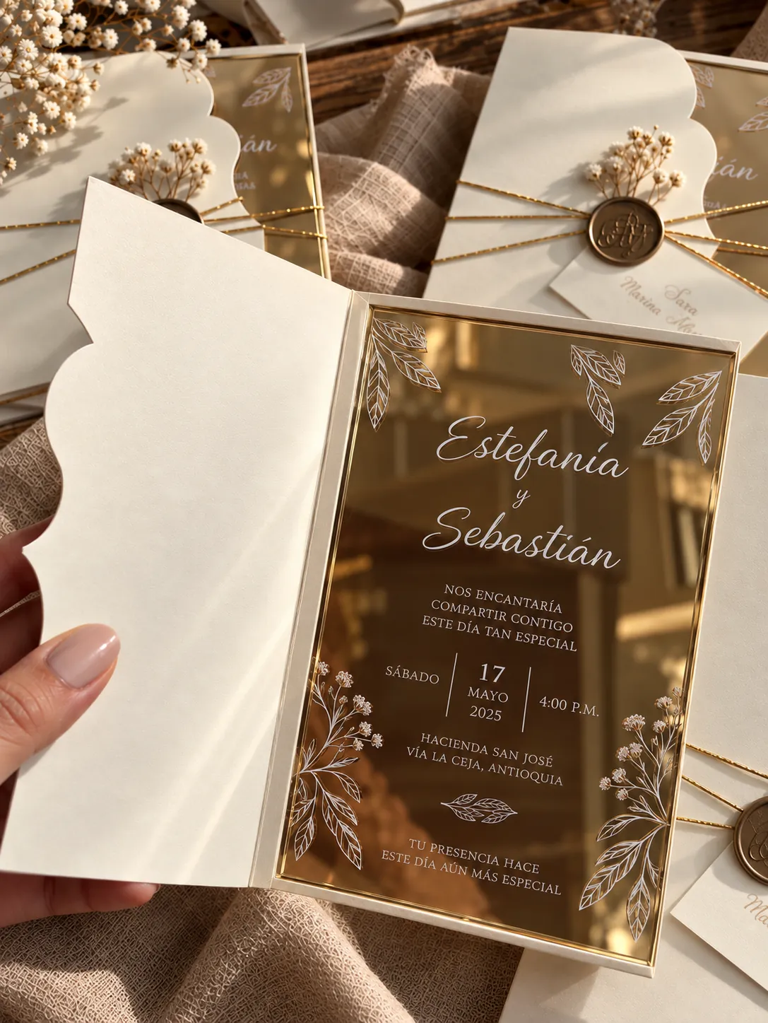 Invitaciones de matrimonio con funda marfil ondulada, tarjeta dorada con hojas blancas, cordón dorado, lacre con monograma y flores secas — vista 2