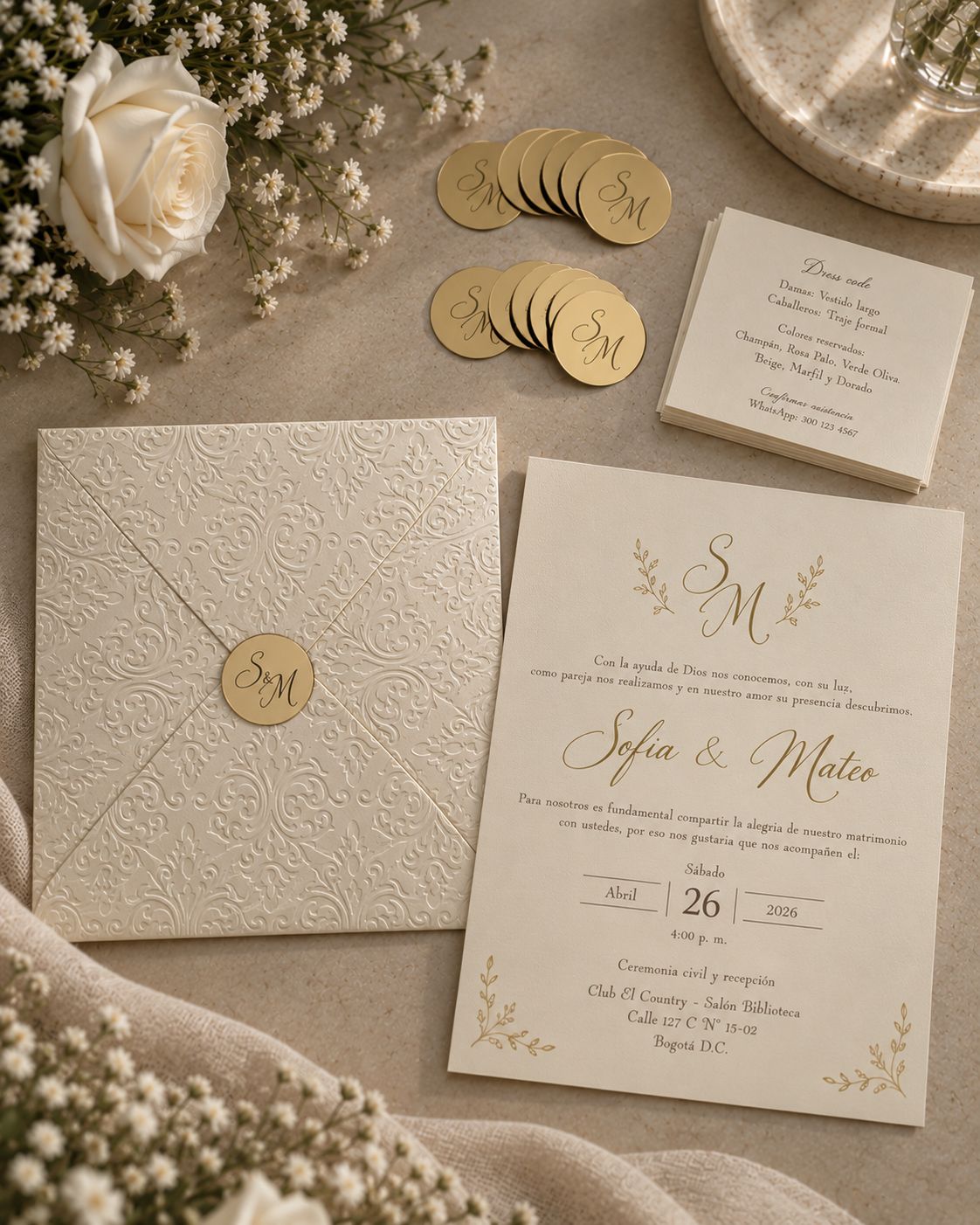 Invitación de matrimonio elegante en marfil con monograma y detalles dorados