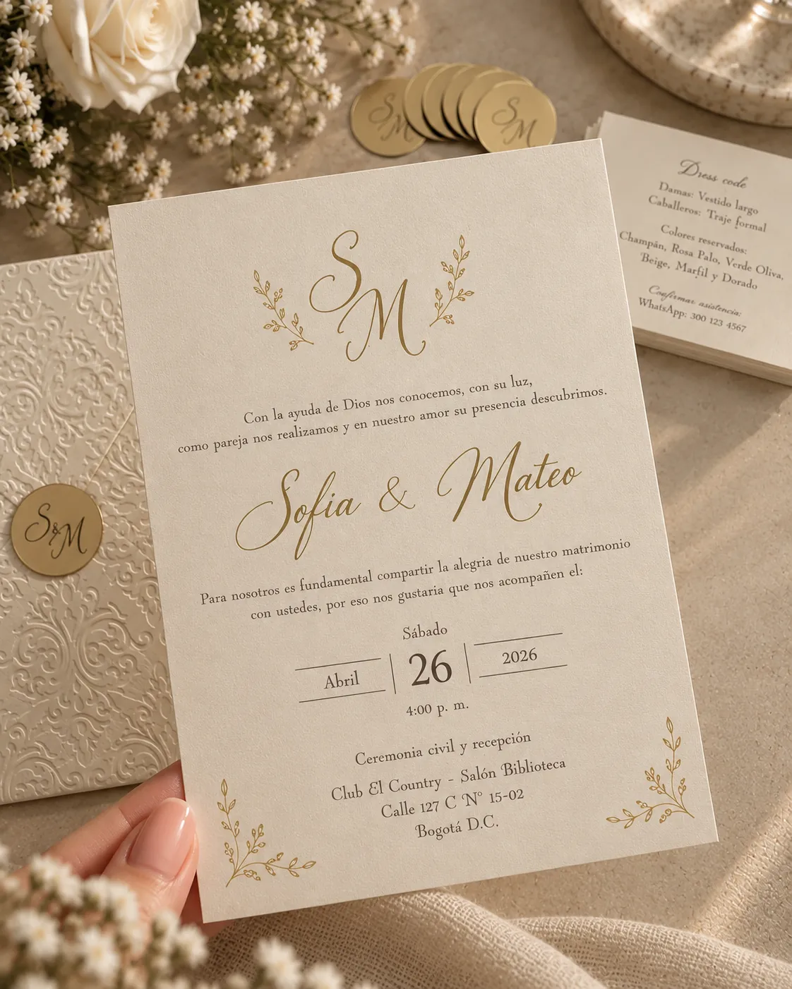 Invitación de matrimonio elegante en marfil con monograma y detalles dorados — vista 2